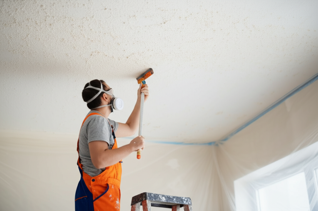 Worker removing popcorn ceiling
